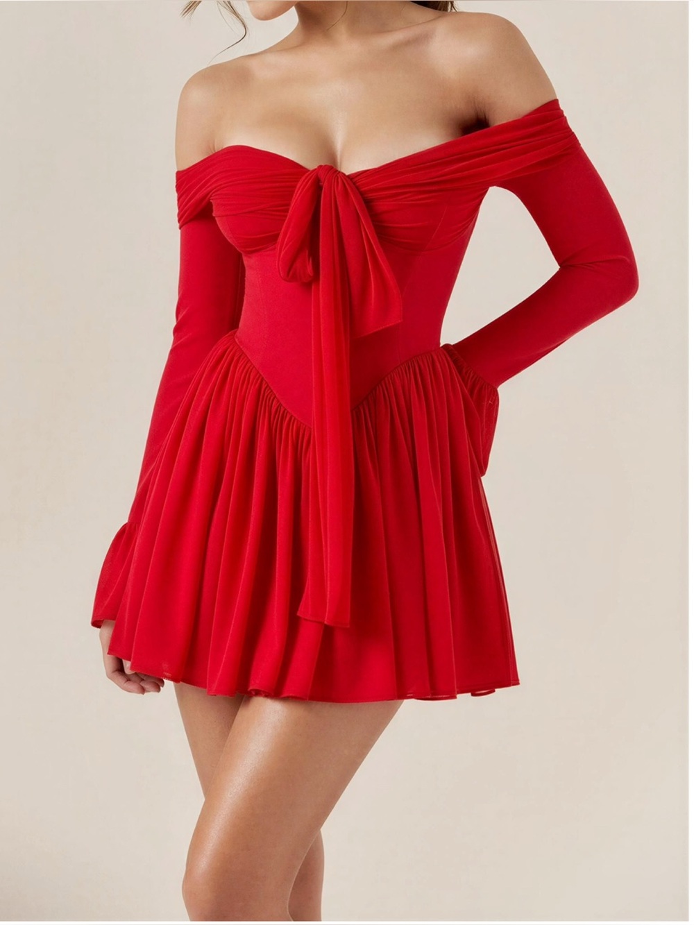 HOUSE OF CB Alana Off-Shoulder Mesh Mini Dress, Red, XS
